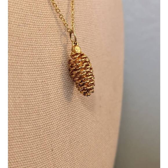 Gold Plated Pine Cone Necklace on 17" Gold Tone Chain - Picture 4 of 7